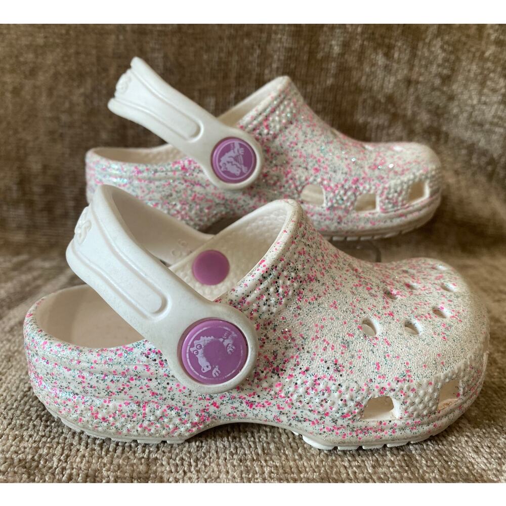 Crocs Kids Classic Glitter Speckle Clogs White Pink C6 Comfort Shoes